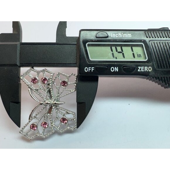 Estate Butterfly Brooch Silver Tone Pink Crystal Wings 1.81" x 1.41" 17.3g - Picture 4 of 5
